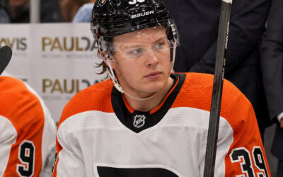 AI-generated image of Flyers forward Matvei Philadelphia Michkov sitting on the bench during a game