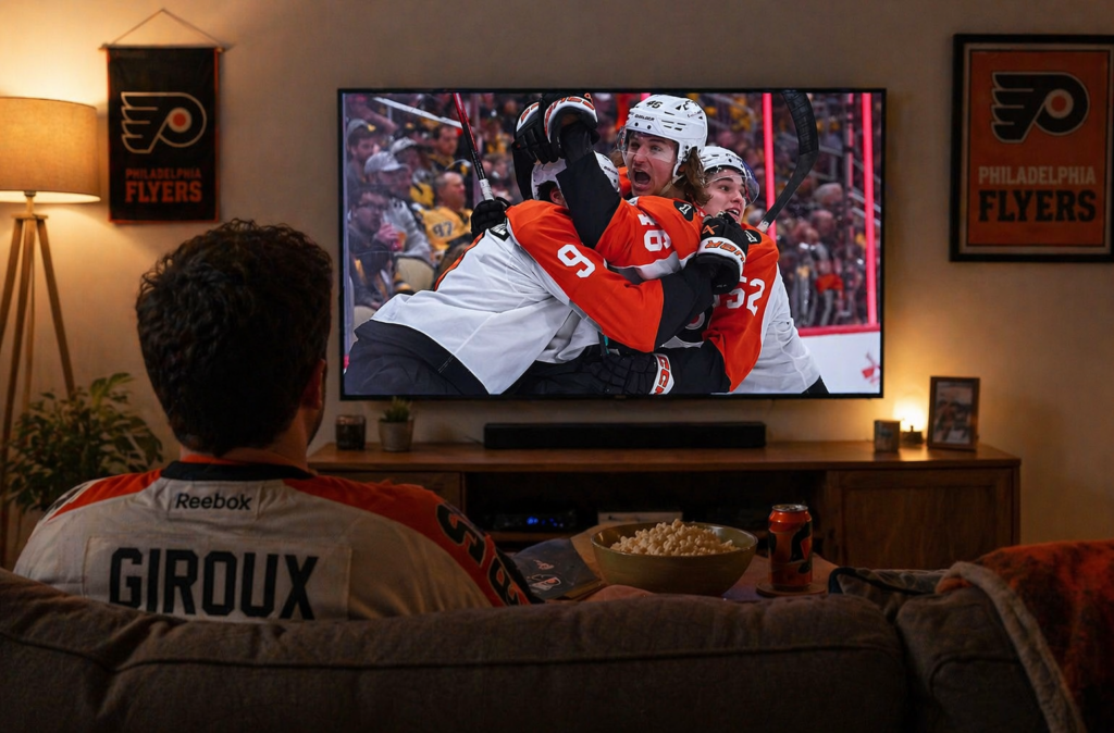AI generated image of a man watching a Philadelphia Flyers game on TV.